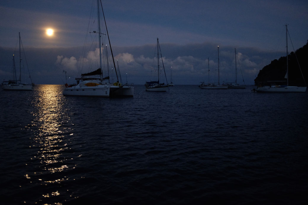 Am Abend vor unserer Abfahrt erleuchtet der Vollmond die Bucht von Deshaies