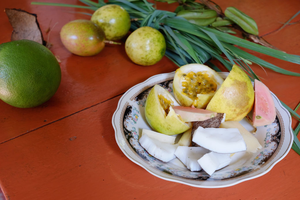Früchte aus dem Garten: Grapefruit, Passionsfrucht (Maracuja), Zitronengras, Bay Leaves, auf dem Teller noch Guave und Kokos
