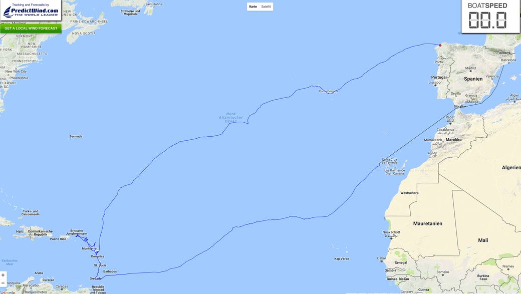 Gesamtroute: von Cambrils (Spanien) über die Antillen und Azoren zurück nach A Coruña (Spanien)